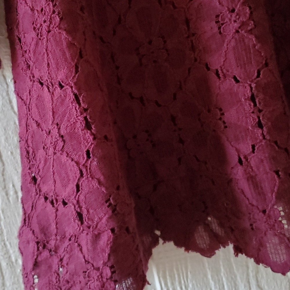 Free People Boho Western Lace V Neck Mini Peasant Bell Sleeves Burgandy sz 0 - Picture 7 of 11